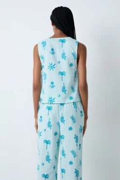 ETAM Partes De Arriba De Pijama|Los Pijamas Más Responsables|Top de pijama de algodón con estampado y lazos delanteros ECRU