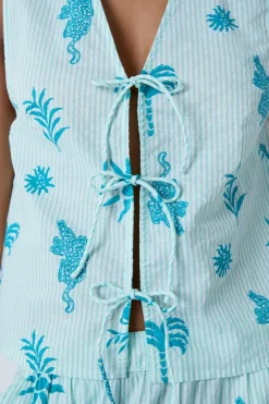 ETAM Partes De Arriba De Pijama|Los Pijamas Más Responsables|Top de pijama de algodón con estampado y lazos delanteros ECRU