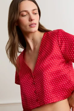 ETAM Los Pijamas Más Responsables|Partes De Arriba De Pijama|Top de pijama de satén con lunares ROJO