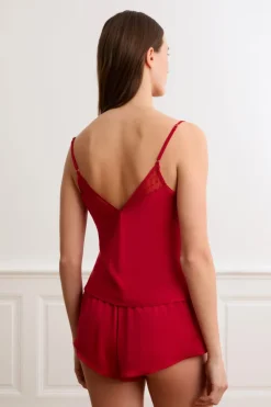ETAM Pijamas Sexy|Partes De Arriba De Pijama|Top de satén con lazos ROJO