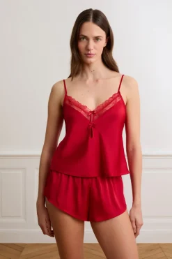 ETAM Pijamas Sexy|Partes De Arriba De Pijama|Top de satén con lazos ROJO