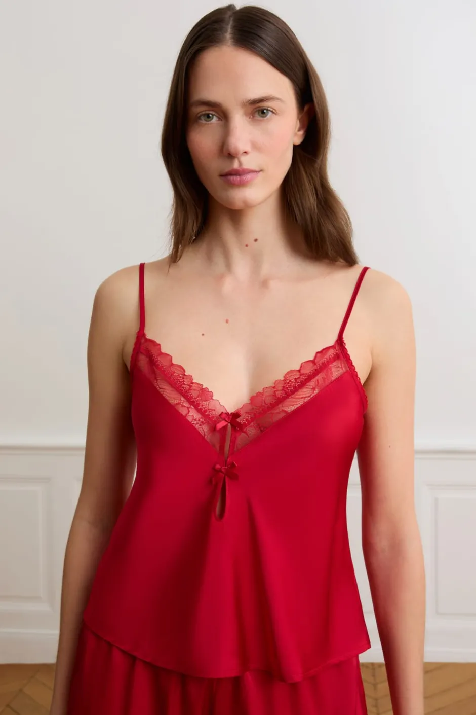 ETAM Pijamas Sexy|Partes De Arriba De Pijama|Top de satén con lazos ROJO