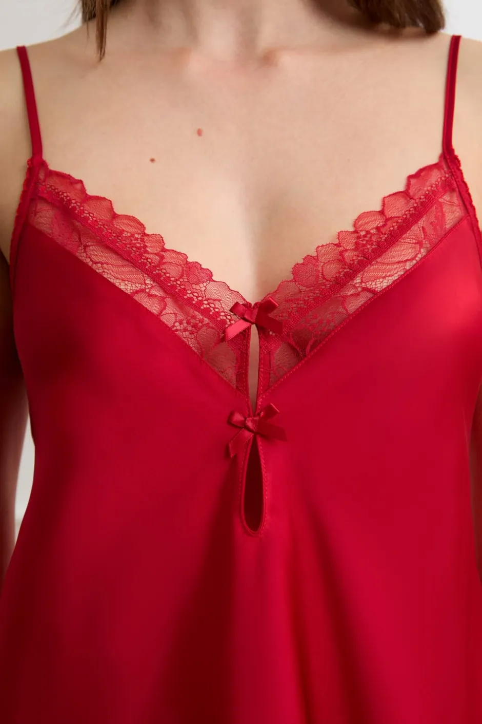 ETAM Pijamas Sexy|Partes De Arriba De Pijama|Top de satén con lazos ROJO