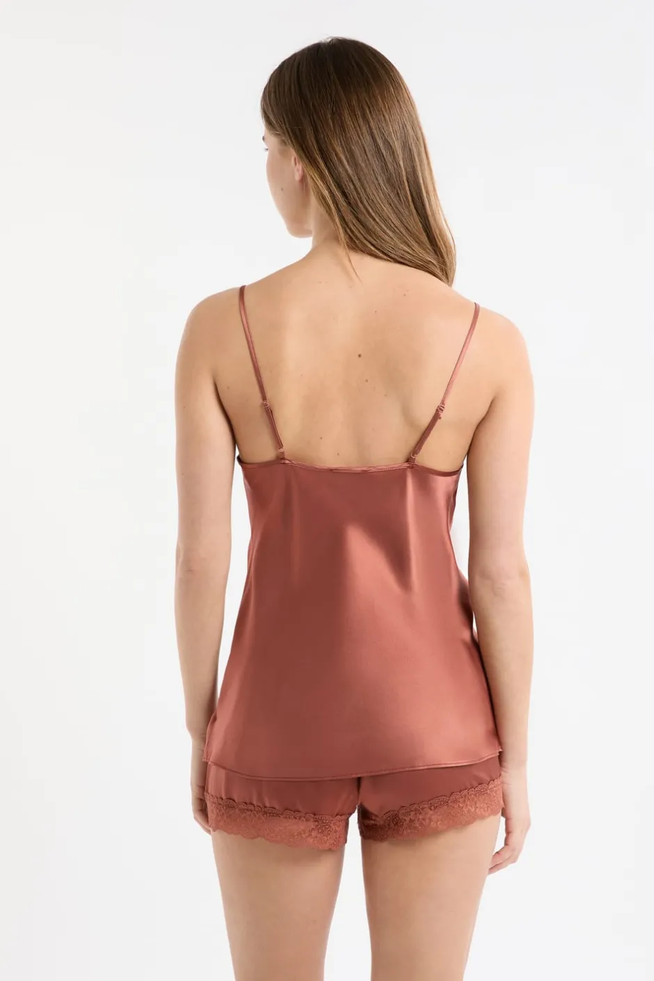 ETAM Partes De Arriba De Pijama|Pijamas De Seda|Top de seda con detalles de encaje arena