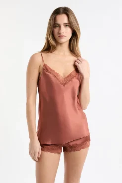 ETAM Partes De Arriba De Pijama|Pijamas De Seda|Top de seda con detalles de encaje arena
