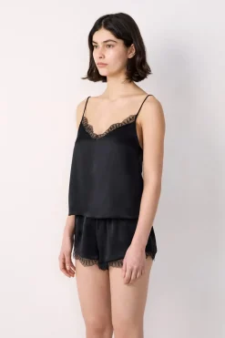 ETAM Pijamas De Seda|Top de seda con detalles de encaje NEGRO