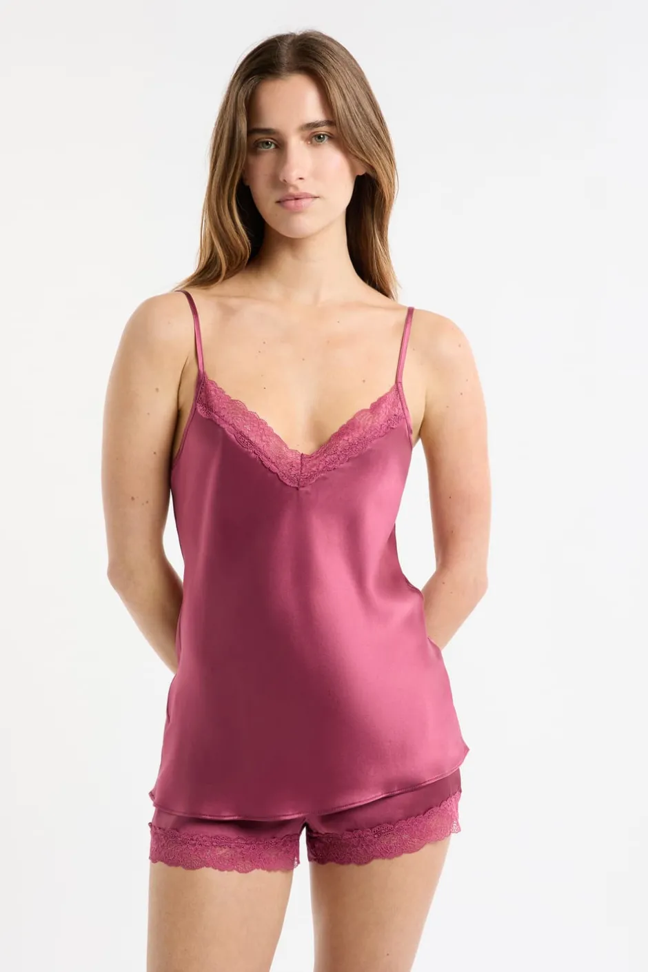 ETAM Pijamas De Seda|Partes De Arriba De Pijama|Top de seda con detalles de encaje BLUSH