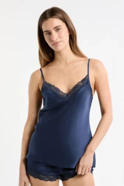 ETAM Pijamas De Seda|Partes De Arriba De Pijama|Top de seda con detalles de encaje TRANSPARENTE