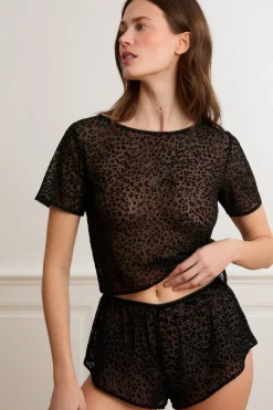 ETAM Pijamas Sexy|Partes De Arriba De Pijama|Top de tul con estampado de leopardo NEGRO