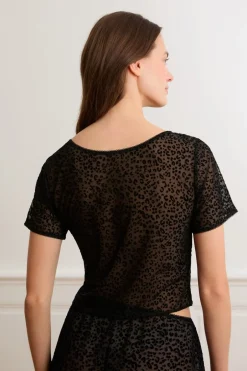 ETAM Pijamas Sexy|Partes De Arriba De Pijama|Top de tul con estampado de leopardo NEGRO