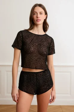 ETAM Pijamas Sexy|Partes De Arriba De Pijama|Top de tul con estampado de leopardo NEGRO