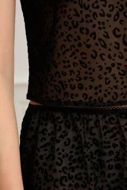 ETAM Pijamas Sexy|Partes De Arriba De Pijama|Top de tul con estampado de leopardo NEGRO