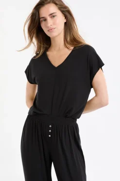 ETAM Pijamas Esenciales|Partes De Arriba De Pijama|Top liso de manga corta NEGRO