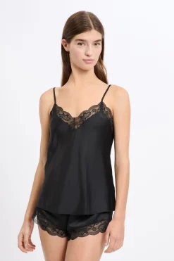 ETAM Partes De Arriba De Pijama|Top satinado con detalles de encaje NEGRO