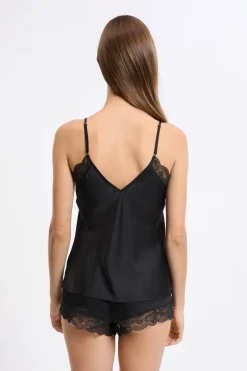 ETAM Partes De Arriba De Pijama|Top satinado con detalles de encaje NEGRO