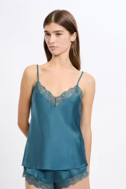 ETAM Partes De Arriba De Pijama|Top satinado con detalles de encaje AZUL PETRÓLEO