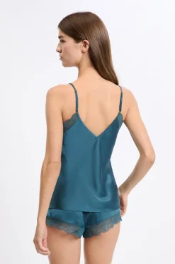 ETAM Partes De Arriba De Pijama|Top satinado con detalles de encaje AZUL PETR&Oacute;LEO