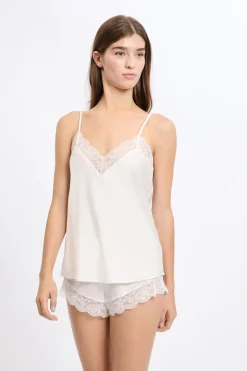ETAM Pijamas Para Novias|Partes De Arriba De Pijama|Top satinado con detalles de encaje CRUDO
