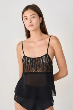 ETAM Pijamas Sexy|Partes De Arriba De Pijama|Top satinado con encaje NEGRO