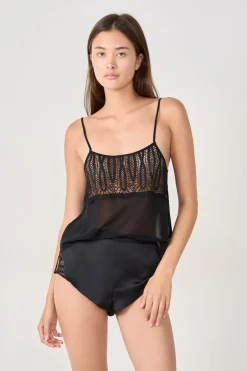 ETAM Pijamas Sexy|Partes De Arriba De Pijama|Top satinado con encaje NEGRO