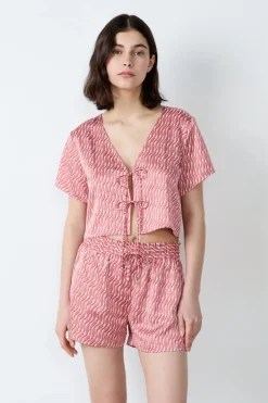 ETAM Partes De Arriba De Pijama|Los Pijamas Más Responsables|Top satinado con lazos ESTAMPADO