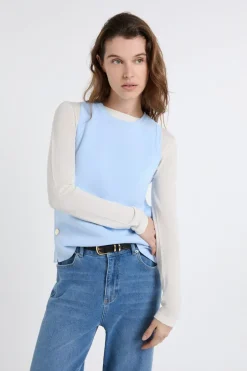 ETAM Sin Mangas|Cuello Redondo|Top sin mangas de algodón con botones dorados AZUL