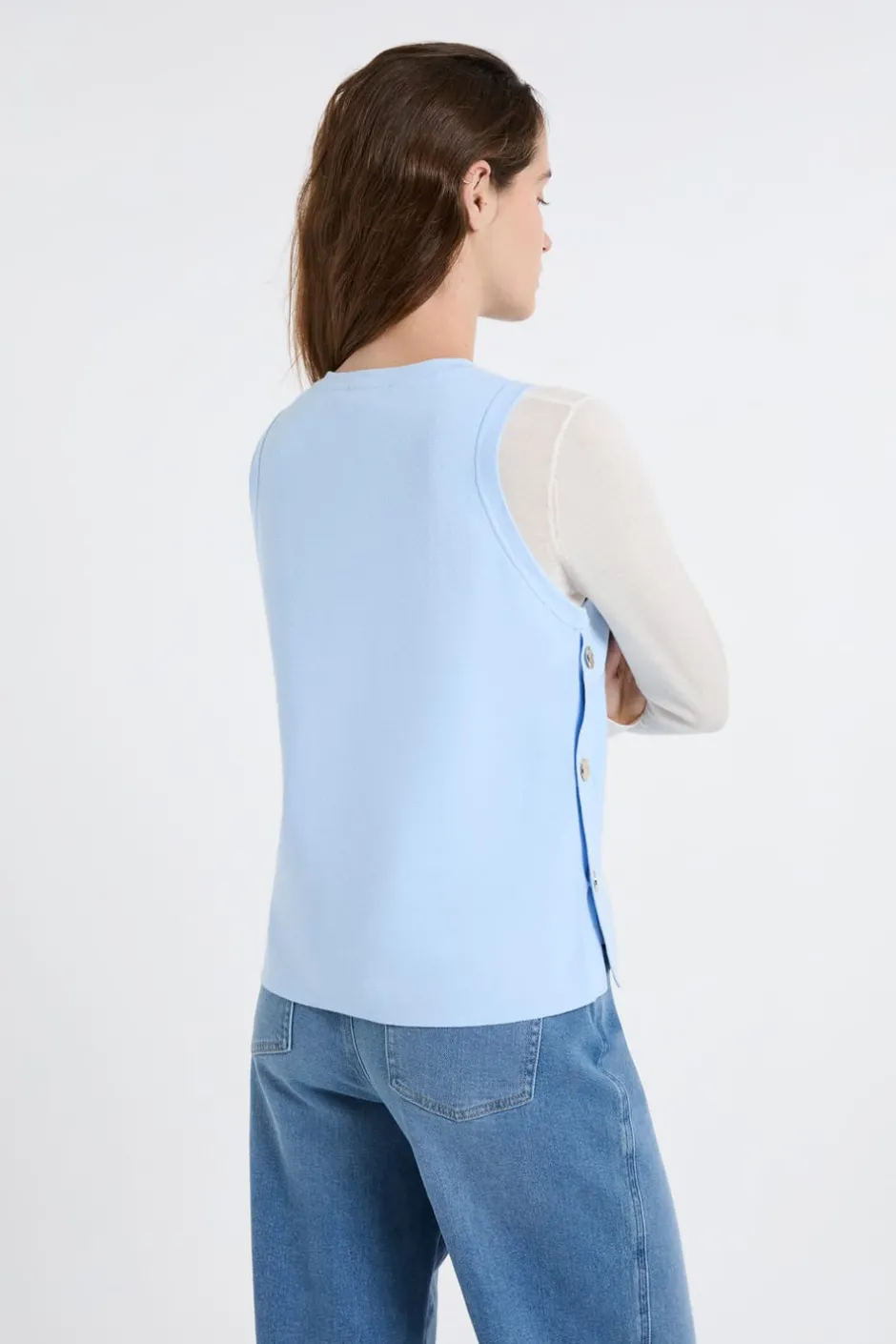 ETAM Sin Mangas|Cuello Redondo|Top sin mangas de algodón con botones dorados AZUL
