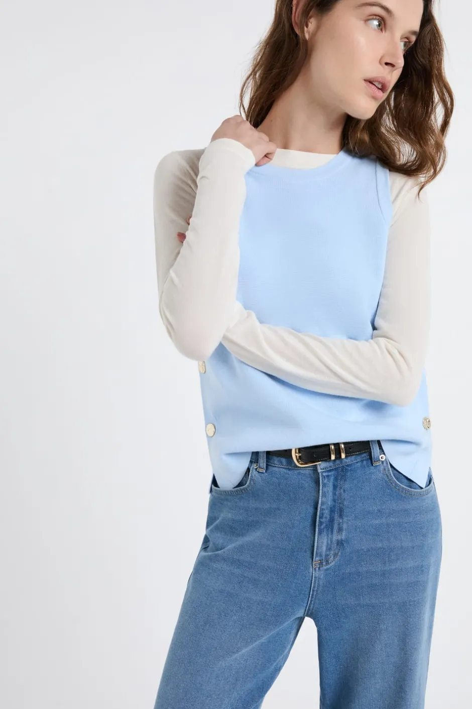 ETAM Sin Mangas|Cuello Redondo|Top sin mangas de algodón con botones dorados AZUL