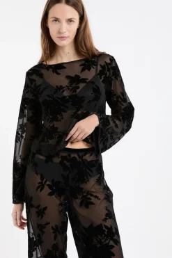 ETAM Pijamas Sexy|Partes De Arriba De Pijama|Top transparent à motif floral NOIR