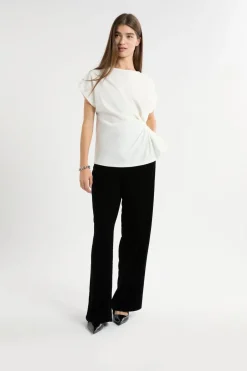 ETAM Cuello Redondo|Manga Corta|T-shirt drapé avec noeud BLANC