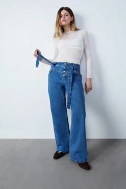 ETAM Mom Jeans|Vaqueros corte zanahoria con corbata AZUL REAL