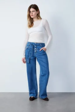 ETAM Mom Jeans|Vaqueros corte zanahoria con corbata AZUL REAL