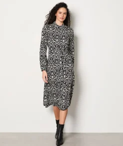ETAM Vestidos Largos|Vestidos Estilo Bohemio|Vestido camisero estampado con cinturón ANTRACITA