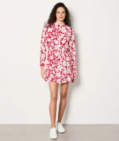 ETAM Vestidos Cortos|Vestidos Estilo Bohemio|Vestido camisero floral con cinturón IMP FD CORAIL