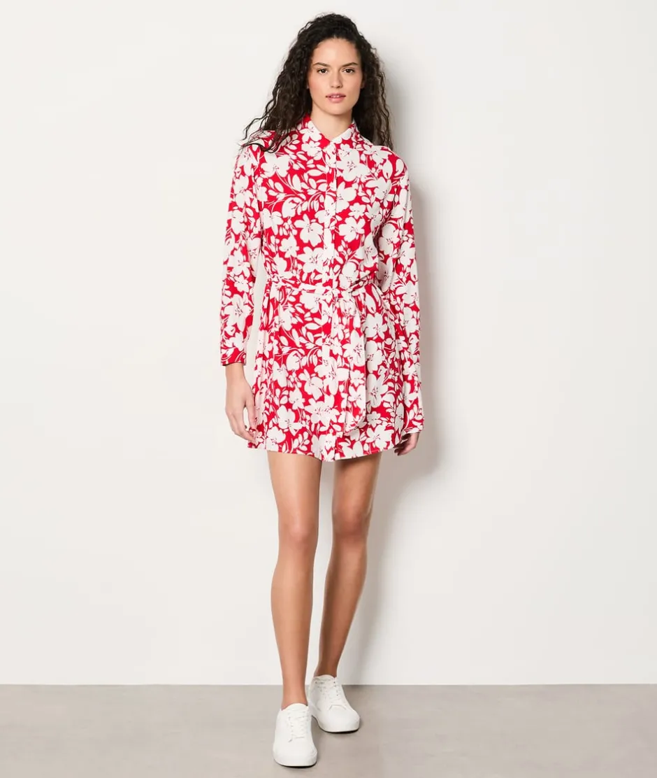 ETAM Vestidos Cortos|Vestidos Estilo Bohemio|Vestido camisero floral con cinturón IMP FD CORAIL