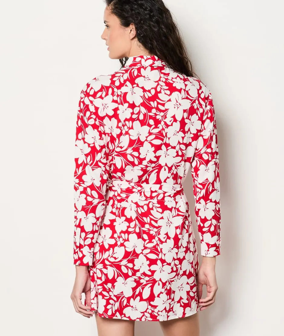 ETAM Vestidos Cortos|Vestidos Estilo Bohemio|Vestido camisero floral con cinturón IMP FD CORAIL