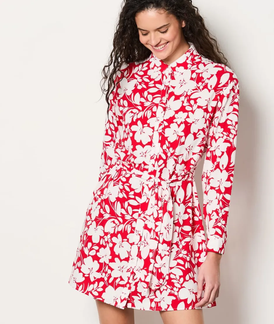ETAM Vestidos Cortos|Vestidos Estilo Bohemio|Vestido camisero floral con cinturón IMP FD CORAIL