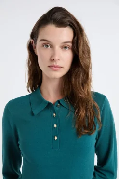 ETAM Vestidos Cortos|Vestidos Lisos|Vestido de manga larga con botones dorados VERDE PATO