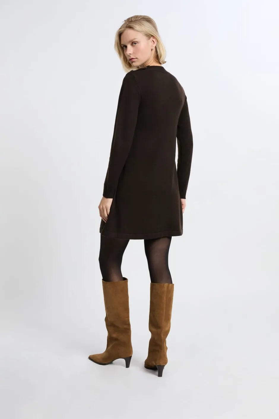 ETAM Vestidos Cortos|Vestidos Lisos|Vestido de manga larga con lana CHOCOLATE