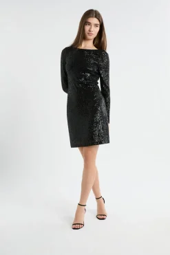 ETAM Vestidos Cortos|Vestidos Lisos|Vestido de manga larga con lentejuelas NEGRO