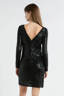 ETAM Vestidos Cortos|Vestidos Lisos|Vestido de manga larga con lentejuelas NEGRO