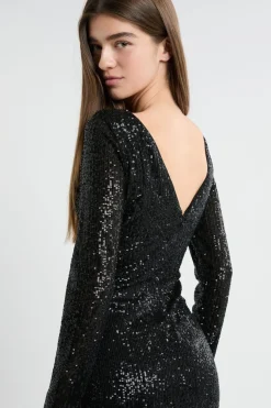 ETAM Vestidos Cortos|Vestidos Lisos|Vestido de manga larga con lentejuelas NEGRO