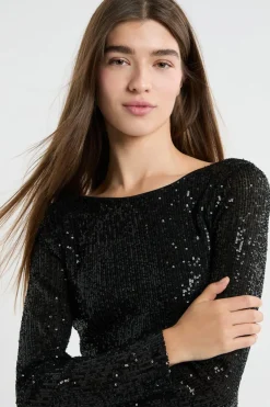 ETAM Vestidos Cortos|Vestidos Lisos|Vestido de manga larga con lentejuelas NEGRO