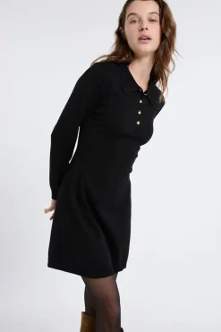 ETAM Vestidos Cortos|Vestidos Lisos|Vestido de manga larga con botones dorados NEGRO