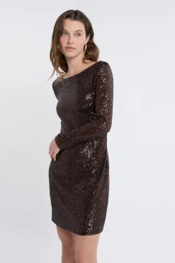 ETAM Vestidos Cortos|Vestidos Lisos|Vestido de manga larga con lentejuelas MARR&Oacute;N
