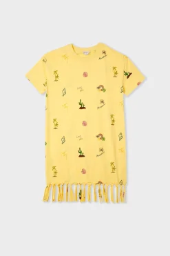 ETAM Túnicas Y Vestidos De Playa|Vestidos De Playa|Vestido estilo camiseta estampado con flecos AMARILLO P&Aacute;LIDO
