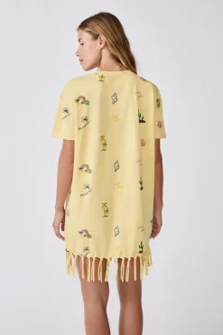 ETAM Túnicas Y Vestidos De Playa|Vestidos De Playa|Vestido estilo camiseta estampado con flecos AMARILLO P&Aacute;LIDO