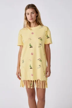 ETAM Túnicas Y Vestidos De Playa|Vestidos De Playa|Vestido estilo camiseta estampado con flecos AMARILLO P&Aacute;LIDO