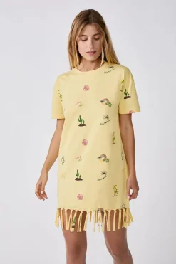 ETAM Túnicas Y Vestidos De Playa|Vestidos De Playa|Vestido estilo camiseta estampado con flecos AMARILLO P&Aacute;LIDO