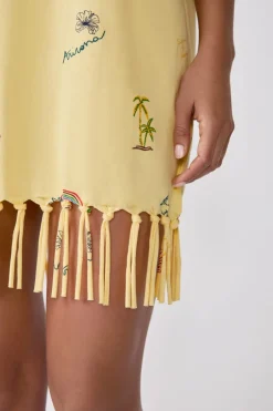 ETAM Túnicas Y Vestidos De Playa|Vestidos De Playa|Vestido estilo camiseta estampado con flecos AMARILLO P&Aacute;LIDO